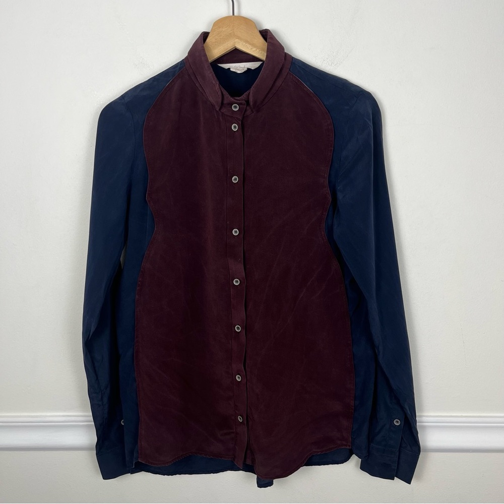 O’2nd Barneys Silk Burgundy Blue Color Block Long Sleeve Button Up Blouse Size 2